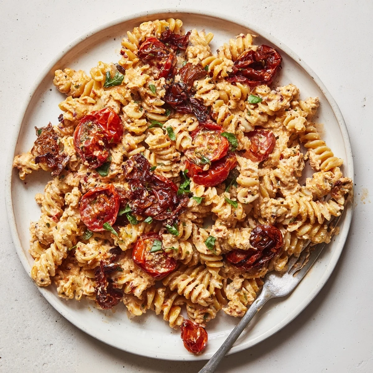 Baked feta pasta dish featuring sun-dried tomatoes and a drizzle of olive oil.