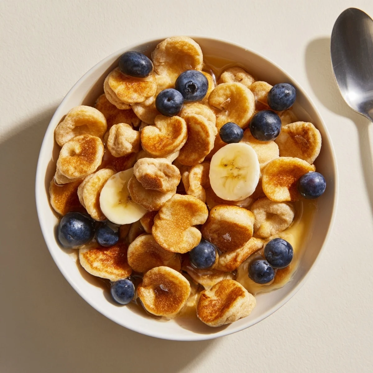 Bite-sized fluffy pancakes served in a bowl with milk and honey drizzle.  