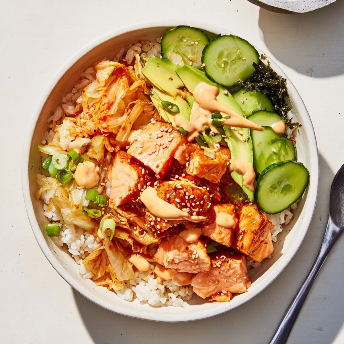 Crispy Salmon Rice Bowl topped with spicy mayo, kimchi, and vibrant avocado slices.  