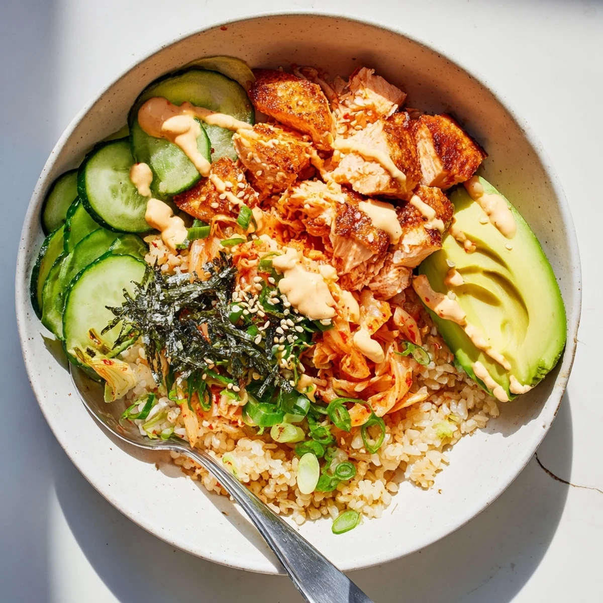 Flavorful Crispy Salmon Rice Bowl garnished with crunchy nori and sesame seeds.