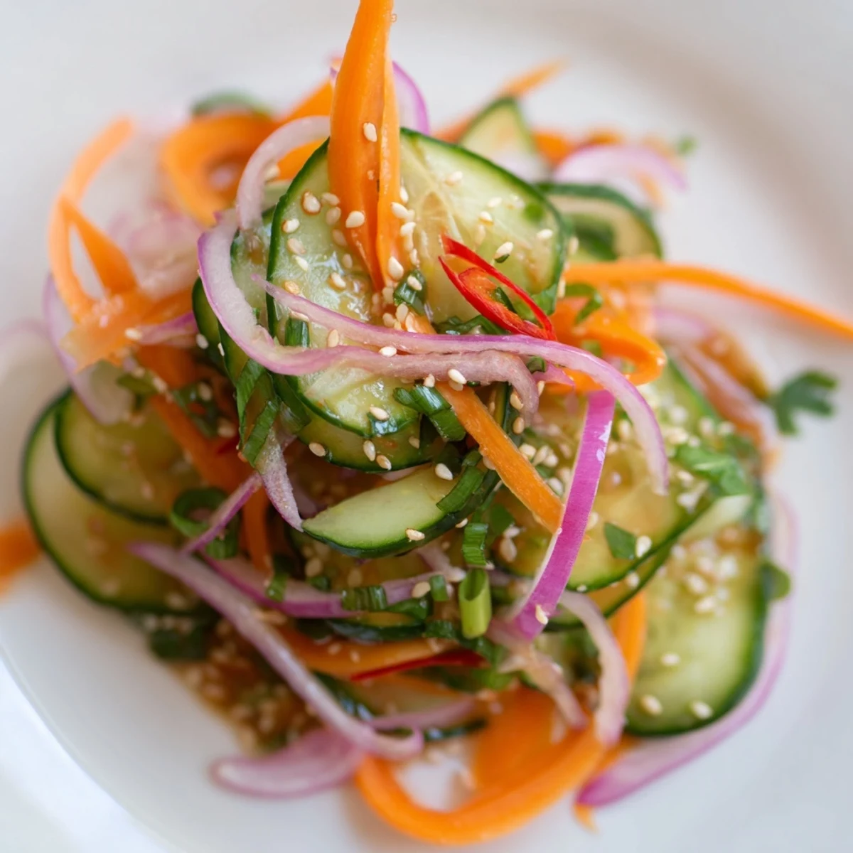 A colorful cucumber salad remix drizzled with savory sesame oil and fish sauce.  