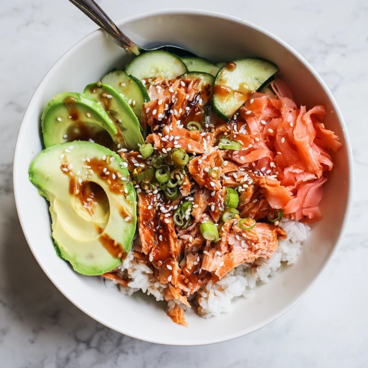 Revived Leftover Salmon & Rice Bowl, featuring steaming freshness and savory sauces.