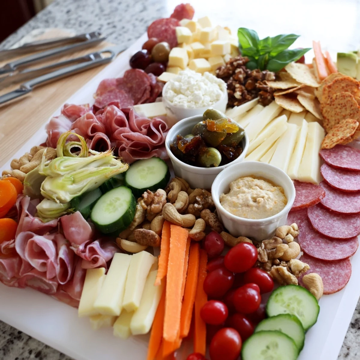 A colorful Girl Dinner Platter filled with cheeses, fruits, and crunchy snacks.  