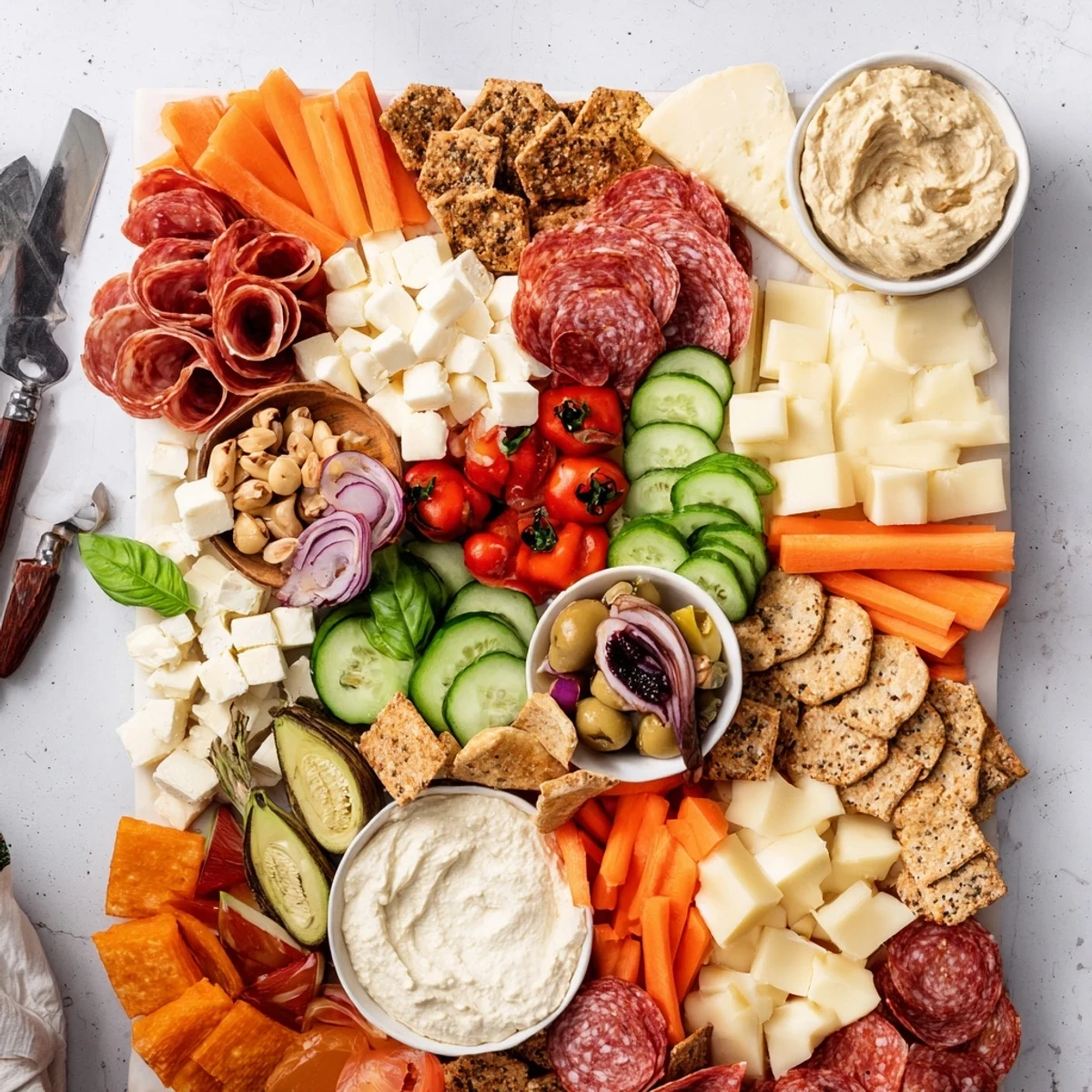 Taste the fun of a Girl Dinner Platter, featuring dips, fruits, and savory meats.