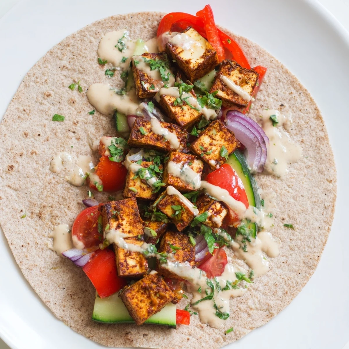 Vibrant Vegan Viral Recipe with roasted tofu and fresh veggies wrapped in whole wheat.