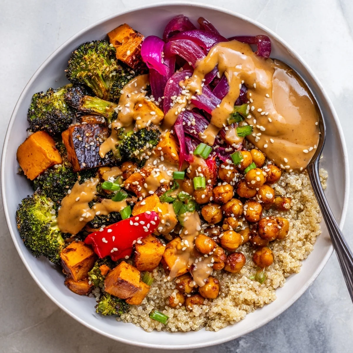 Vibrant Bold Sauce Drizzle Bowls with roasted veggies and rich miso-butter sauce.  