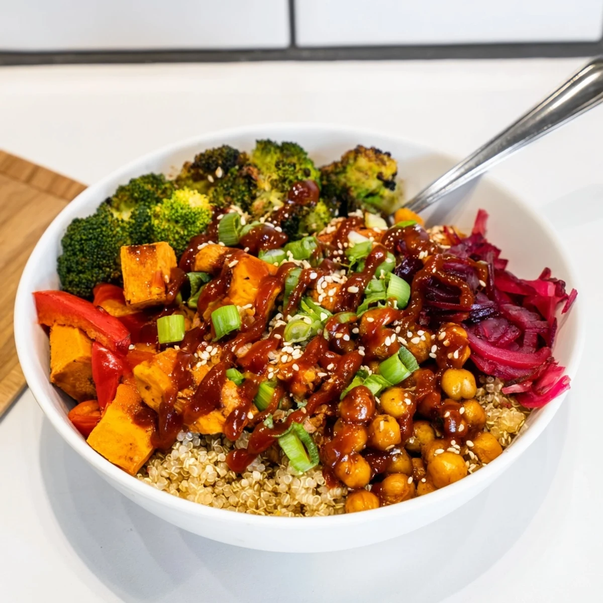 Colorful grain bowls featuring chickpeas and sweet potatoes, drizzled with gochujang-maple sauce.  