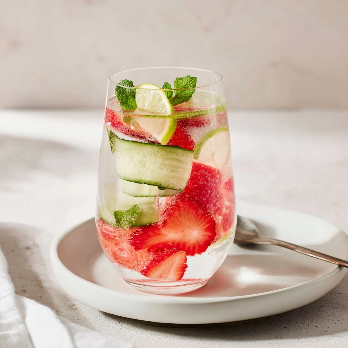 Refreshing water-based mocktails with fresh fruit and mint served in glasses.  