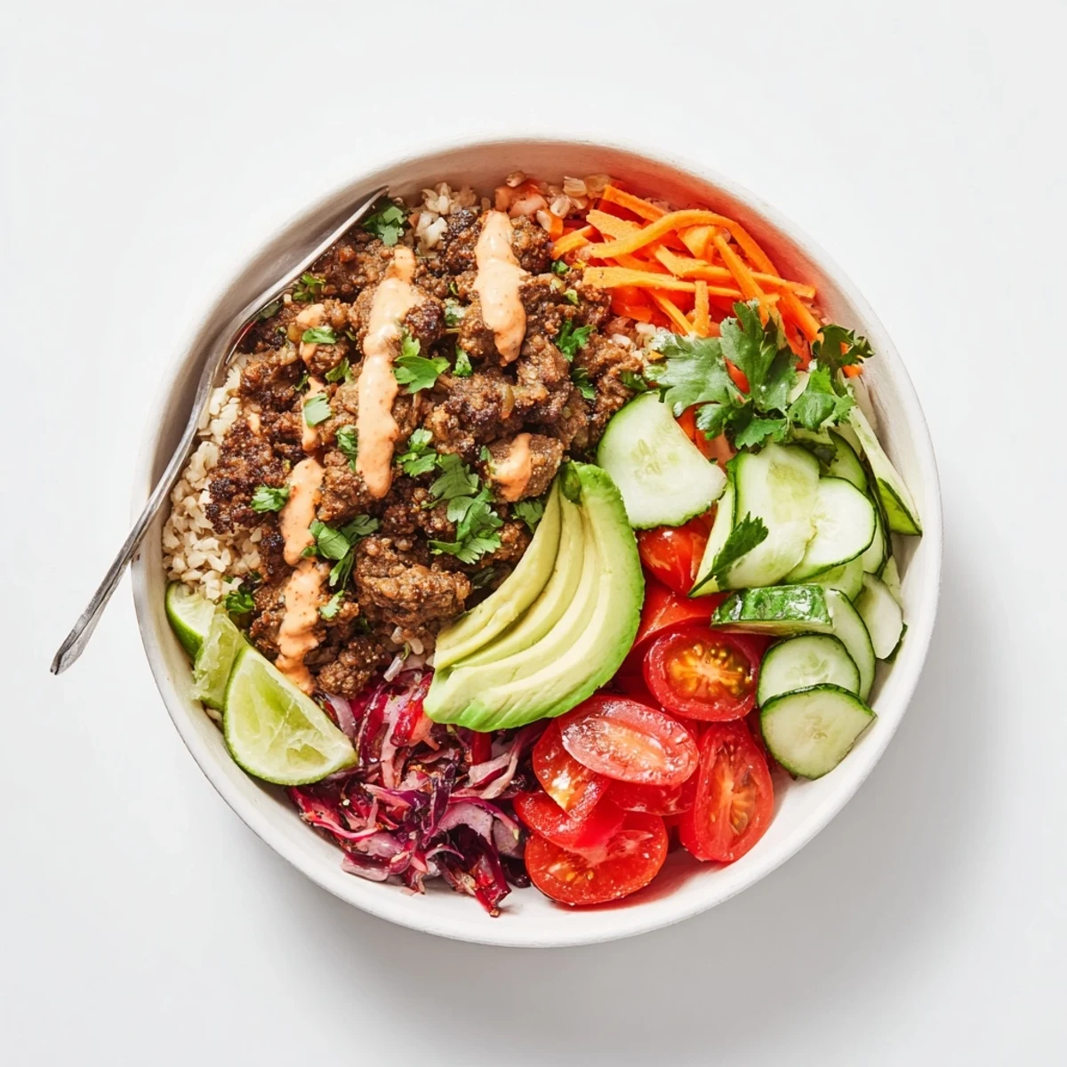Vibrant plant-based meat bowl with fresh veggies and spicy mayo drizzle.  