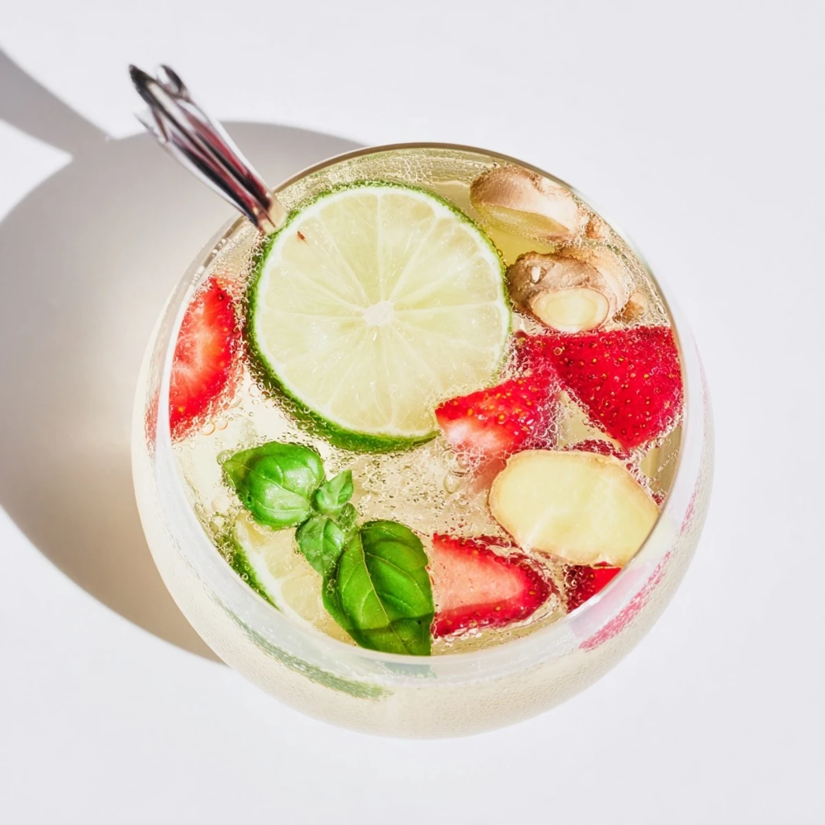 Colorful glass bottles of homemade Kombucha-style mocktails, bursting with fresh fruit flavors.