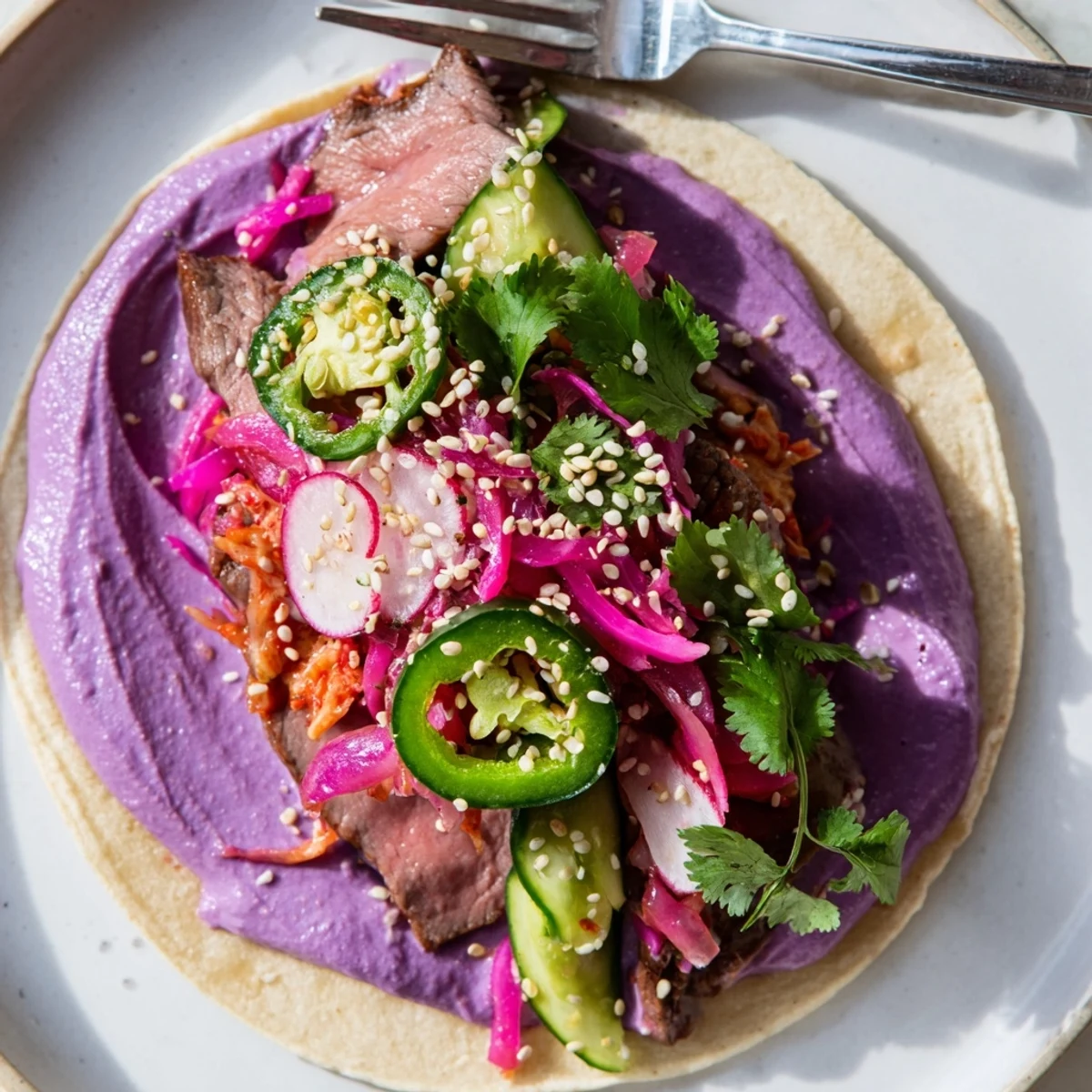 Sizzling marinated protein in Global Street-Food Fusion Tacos topped with colorful vegetables.  