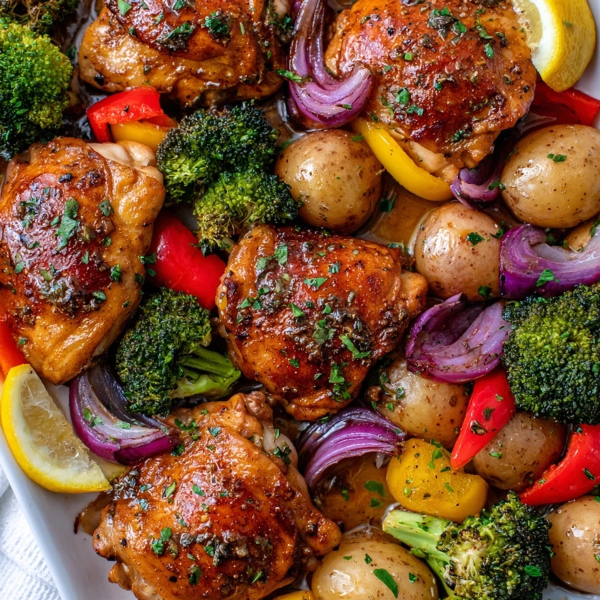 Succulent Lazy Gourmet Chicken & Vegetable One-Pot served with vibrant lemon wedges.  