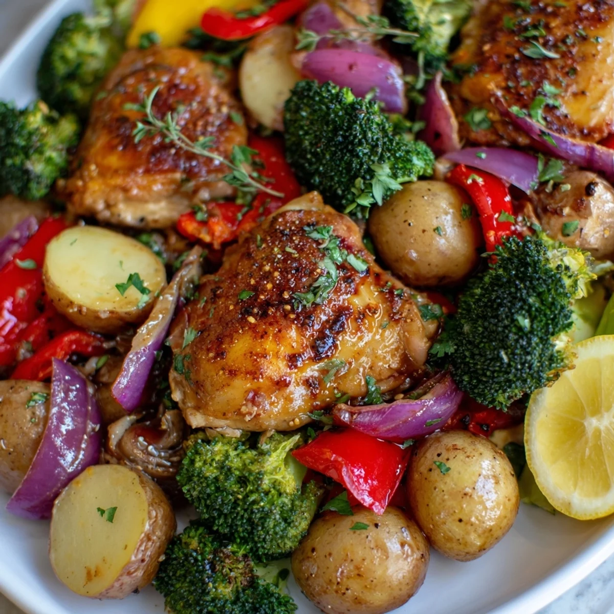 Juicy chicken thighs and colorful veggies in a Lazy Gourmet One-Pot dish.  