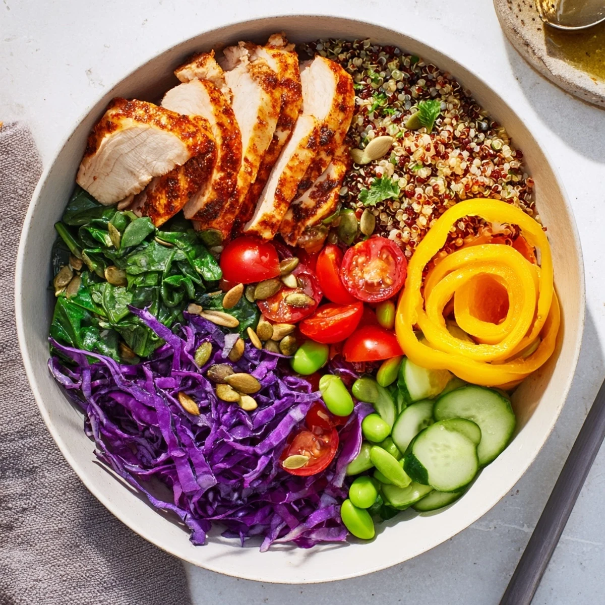Colorful healthy meal-prep bowls featuring quinoa, chicken, and fresh veggies.  