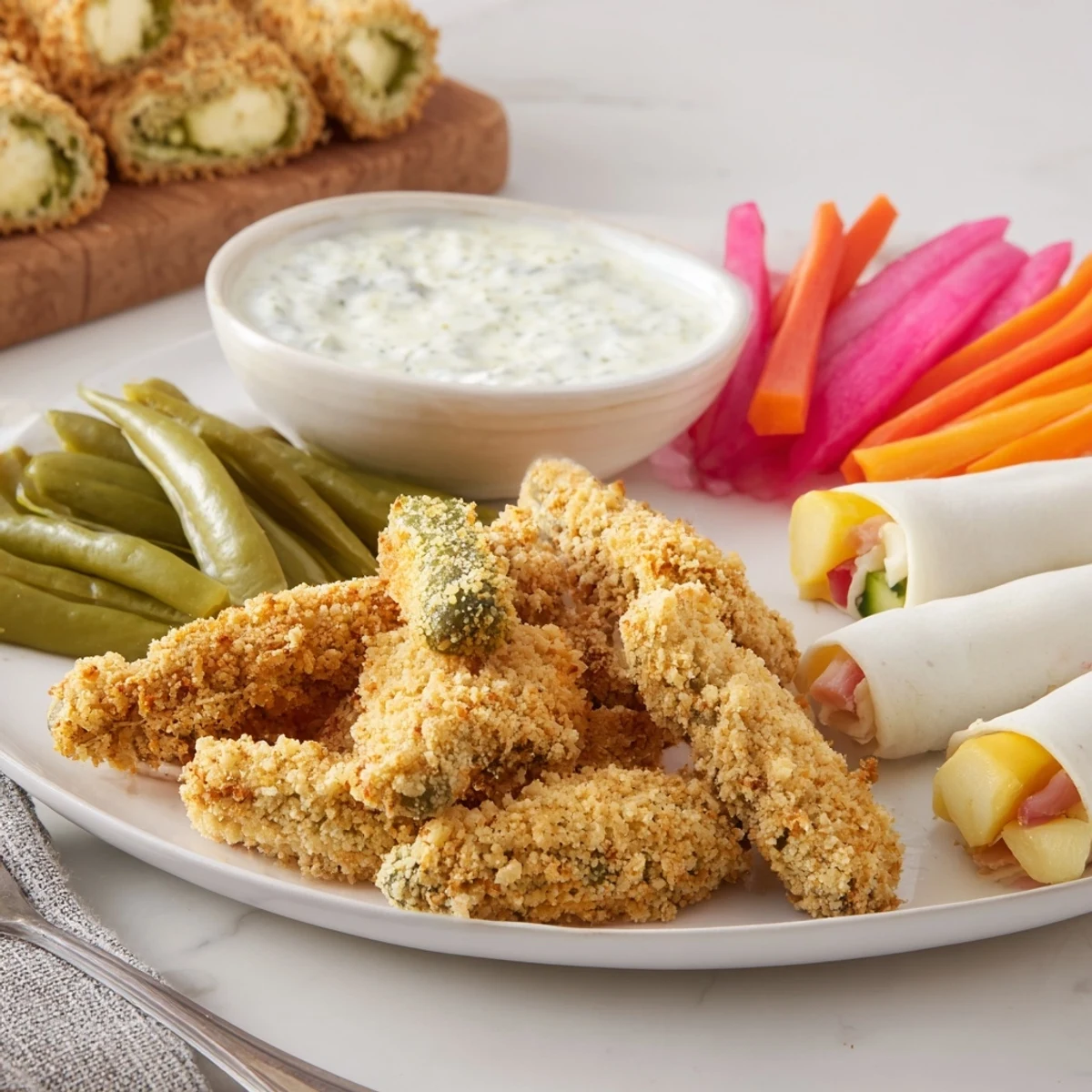 Crispy fried pickles served with tangy dipping sauce and colorful pickled vegetables.  