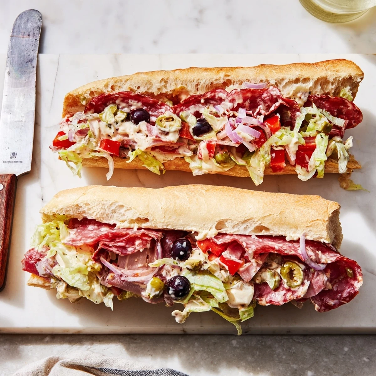 A colorful Flavor Mash-Up Sandwich stacked high with deli meats and fresh veggies.  