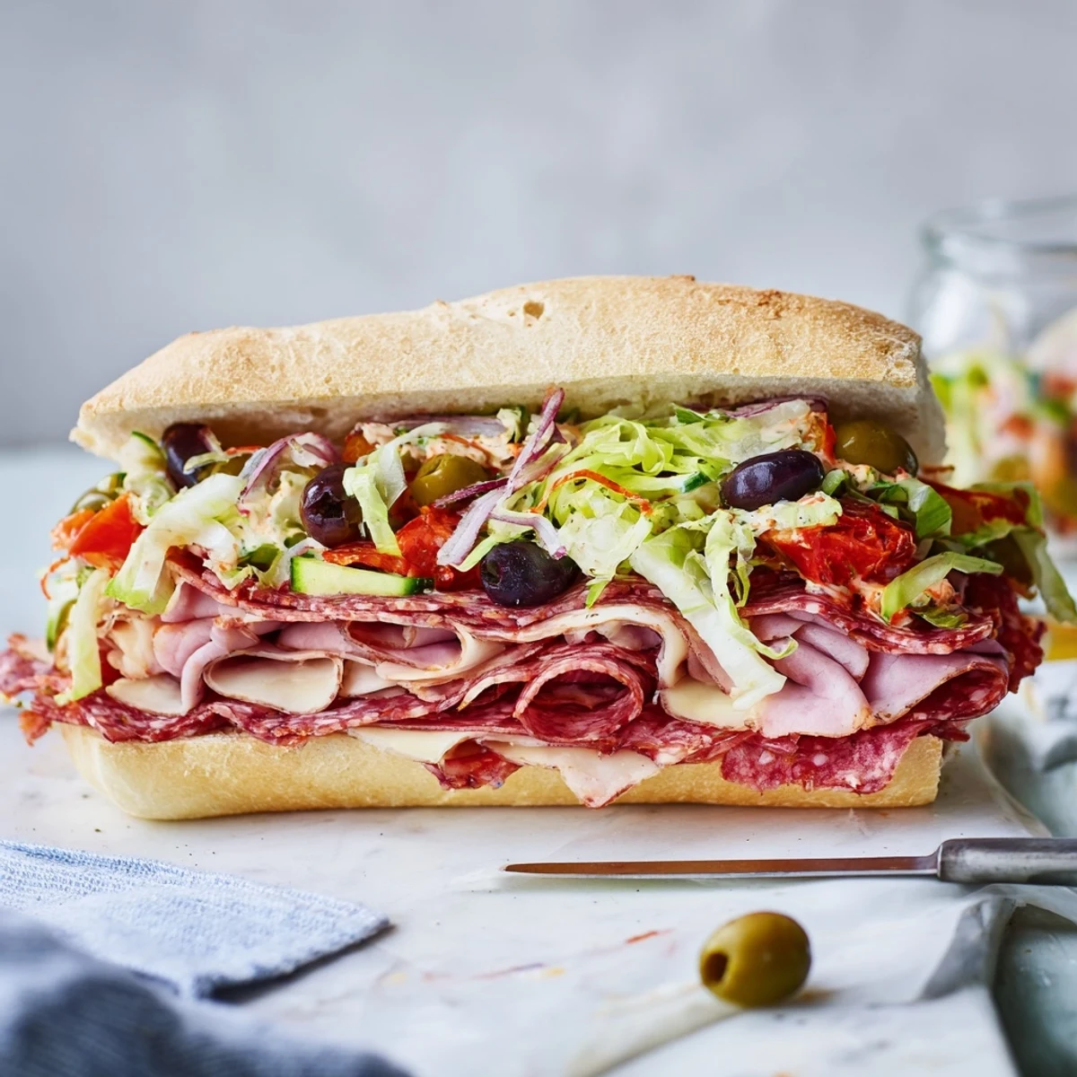 Delicious Flavor Mash-Up Sandwich showcasing vibrant ingredients in an Italian hoagie roll.  