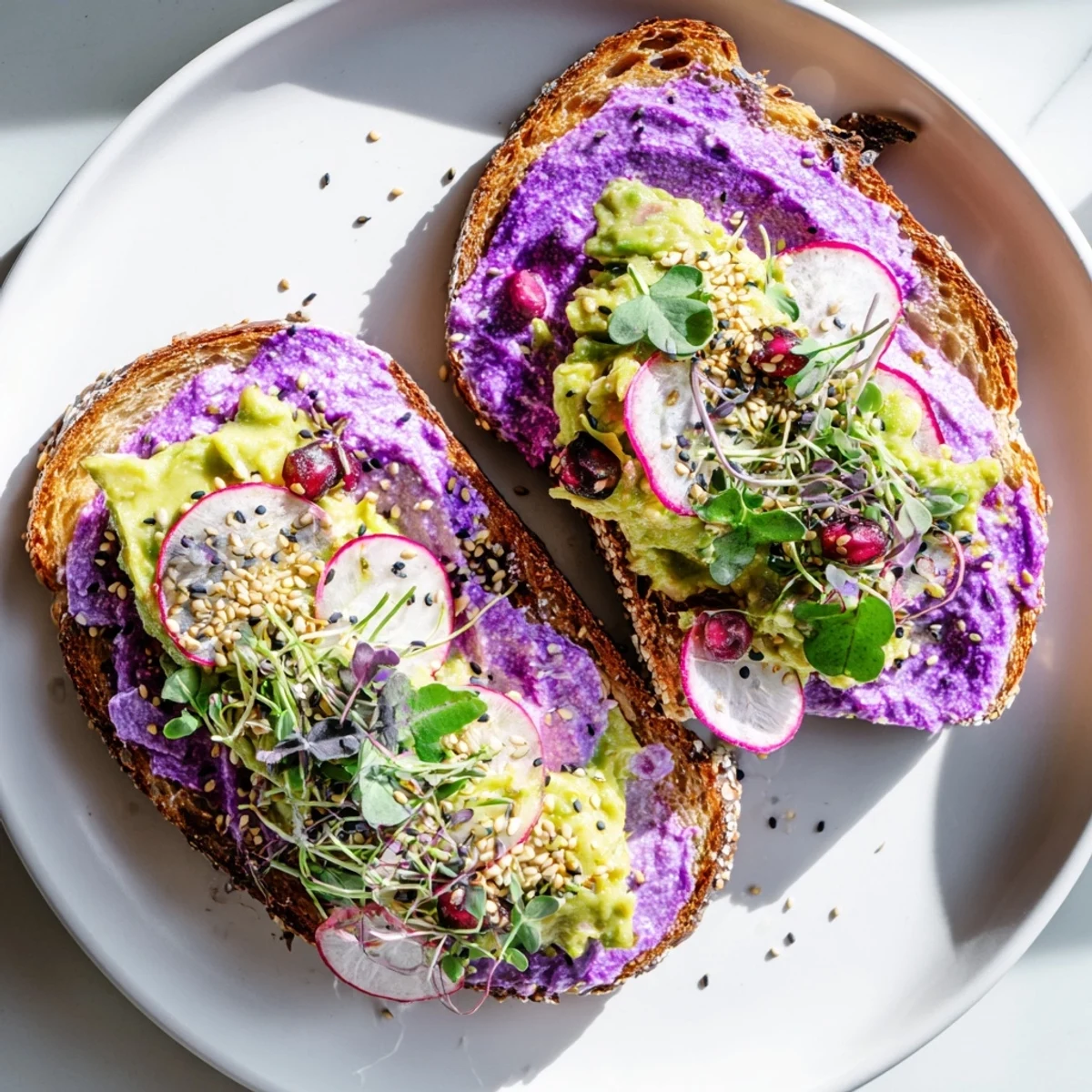 Vibrant Bright & Bold Breakfast Toasts topped with ube, avocado, and fresh herbs.