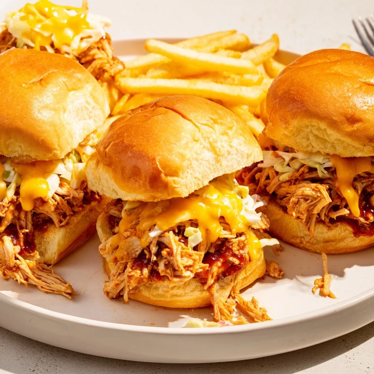 Delectable BBQ Chicken Sliders topped with coleslaw, paired with crunchy fries.  