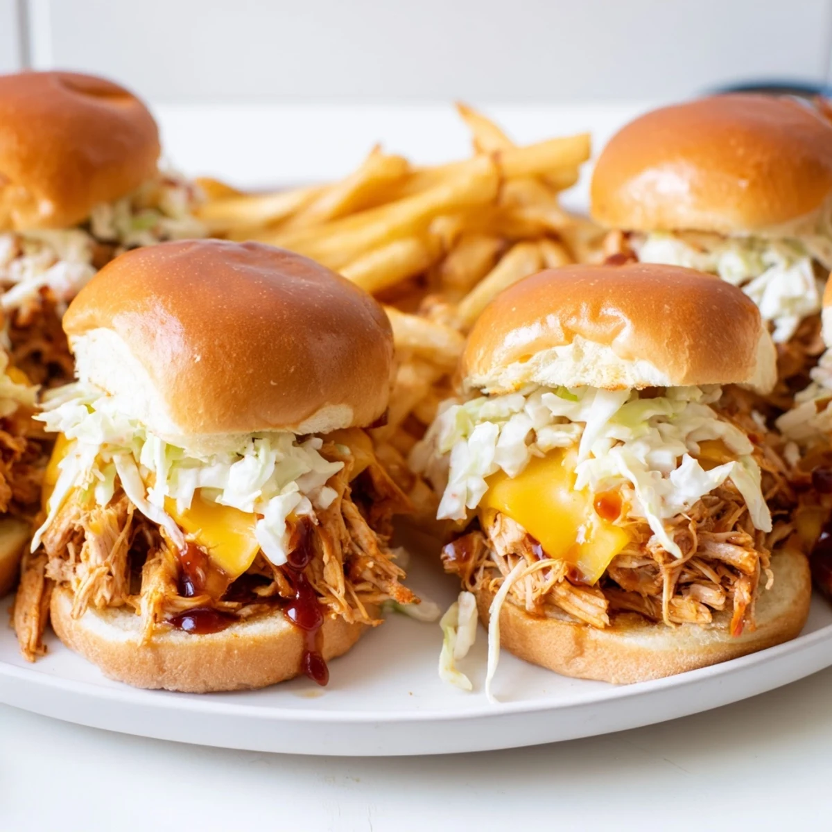 Tender shredded BBQ chicken nestled in slider buns, alongside golden, crispy fries.
