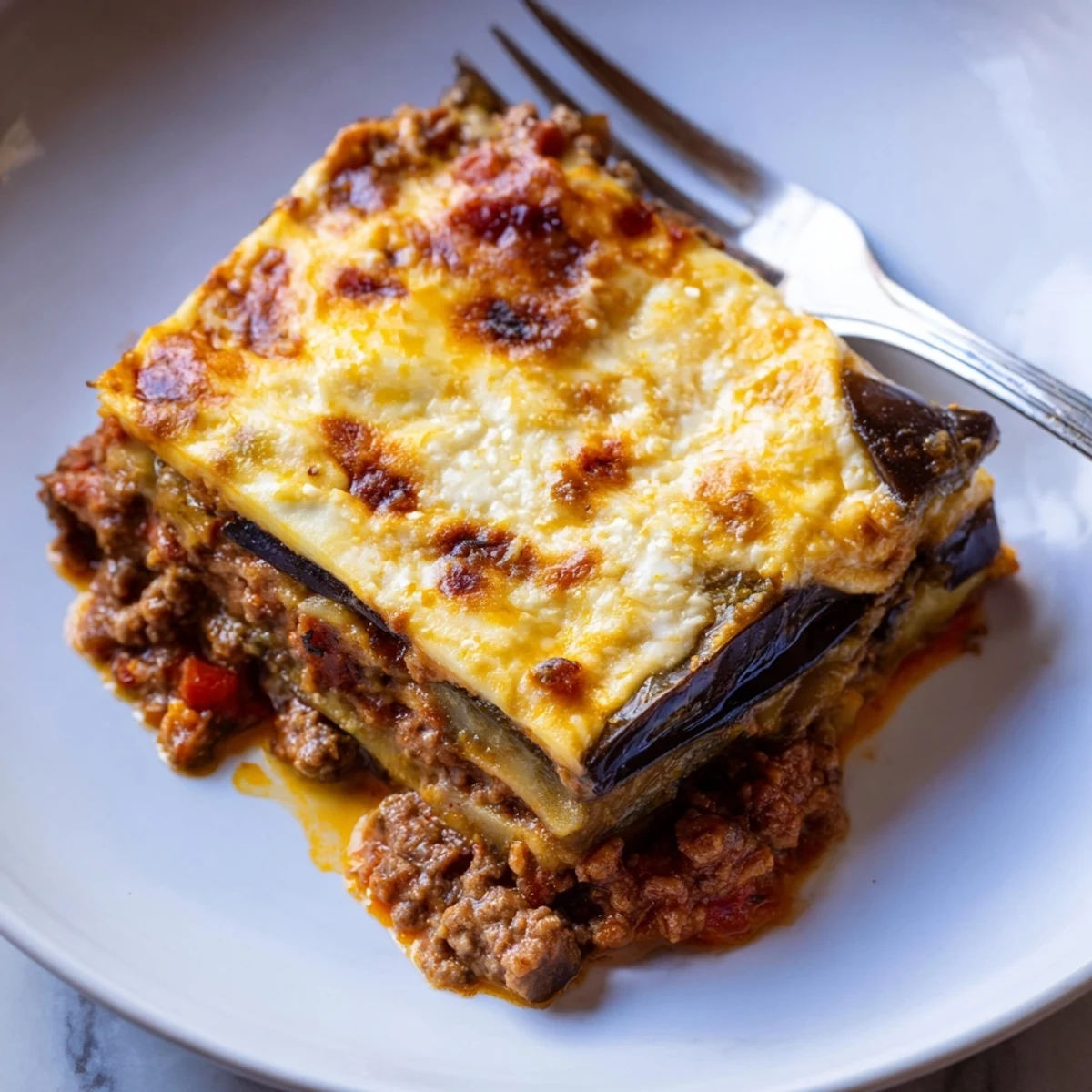 Savory Moussaka with beef and eggplant, topped with golden, creamy béchamel sauce.  