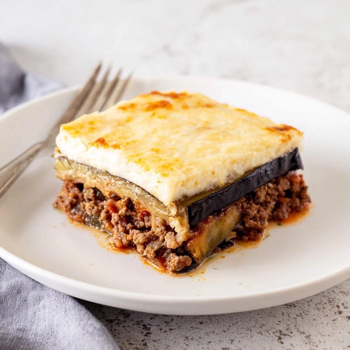 Layers of tender eggplant and spiced beef create hearty Moussaka for a comforting meal.  