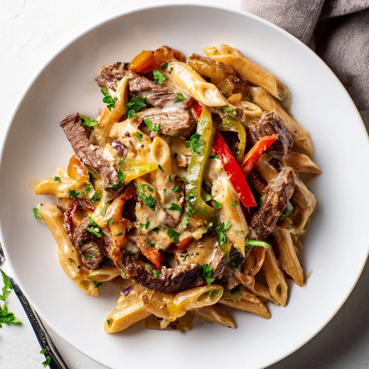 Creamy Philly Cheese Steak Pasta served warm, featuring tender beef and rich cheese sauce.  