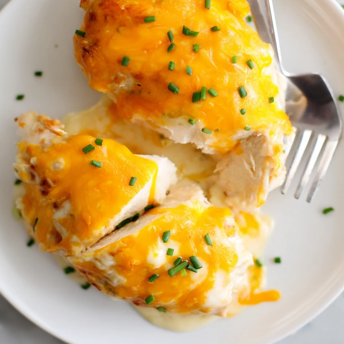 Golden Cheddar Ranch Chicken Bake topped with chives, perfect for family dinners.  
