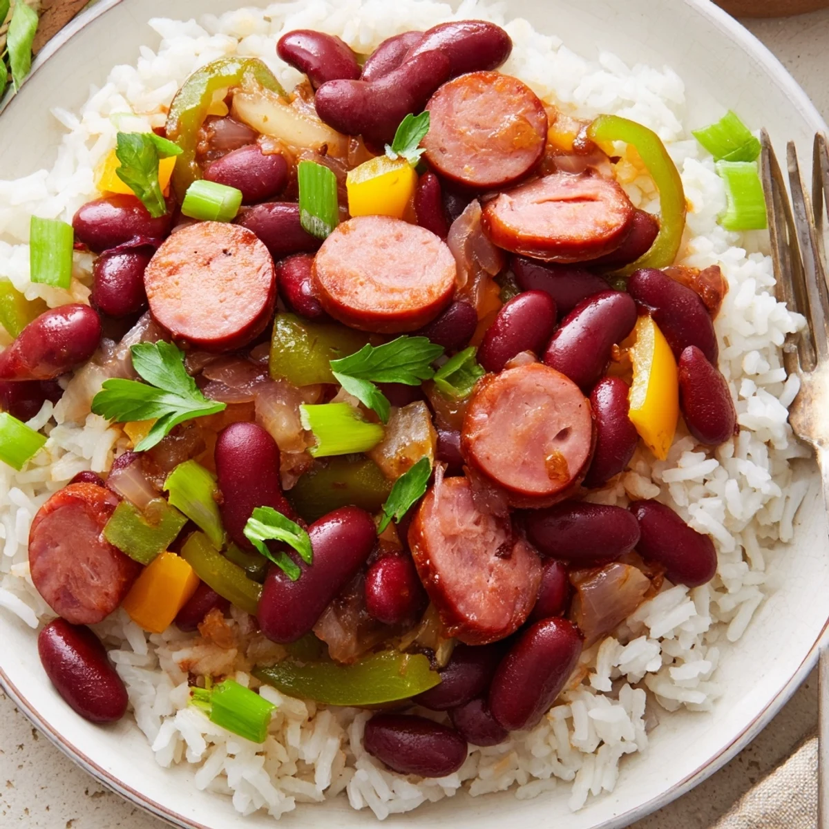 Comforting Red Beans & Rice featuring smoky sausage over fluffy white rice.  