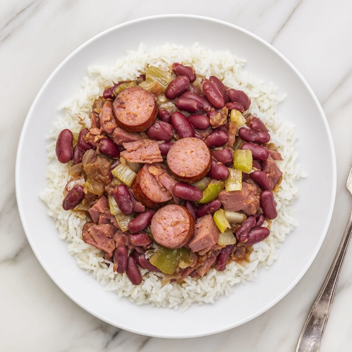 Steaming bowl of Red Beans & Rice, a flavorful Creole classic with fluffy white rice.