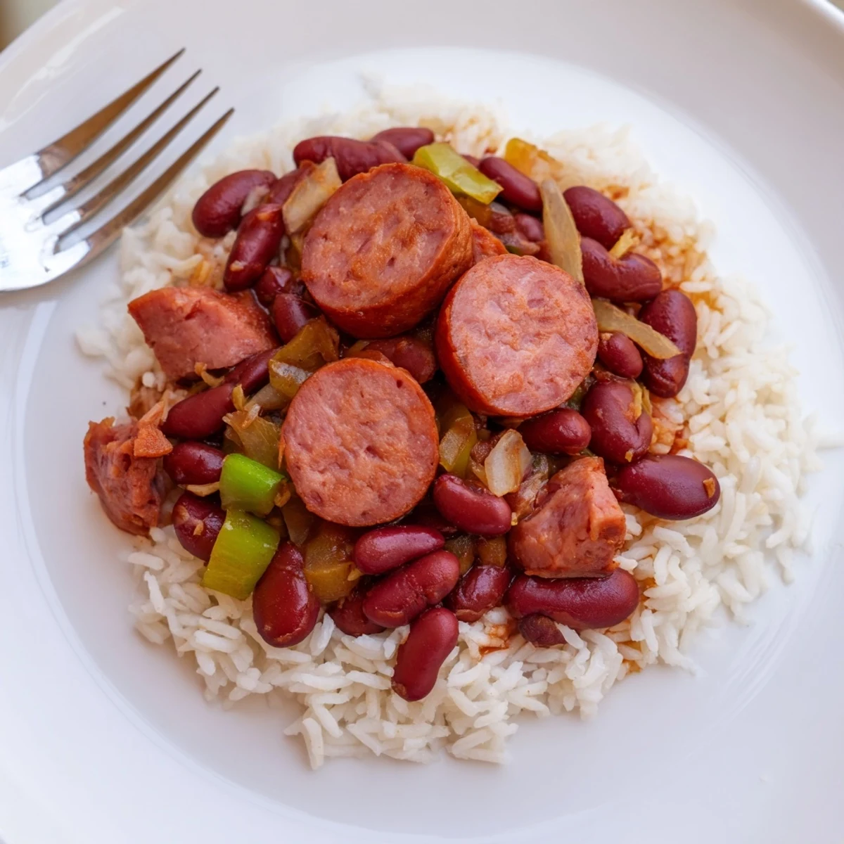Hearty Red Beans & Rice with sausage, vegetables, and rice, a comforting Southern meal.