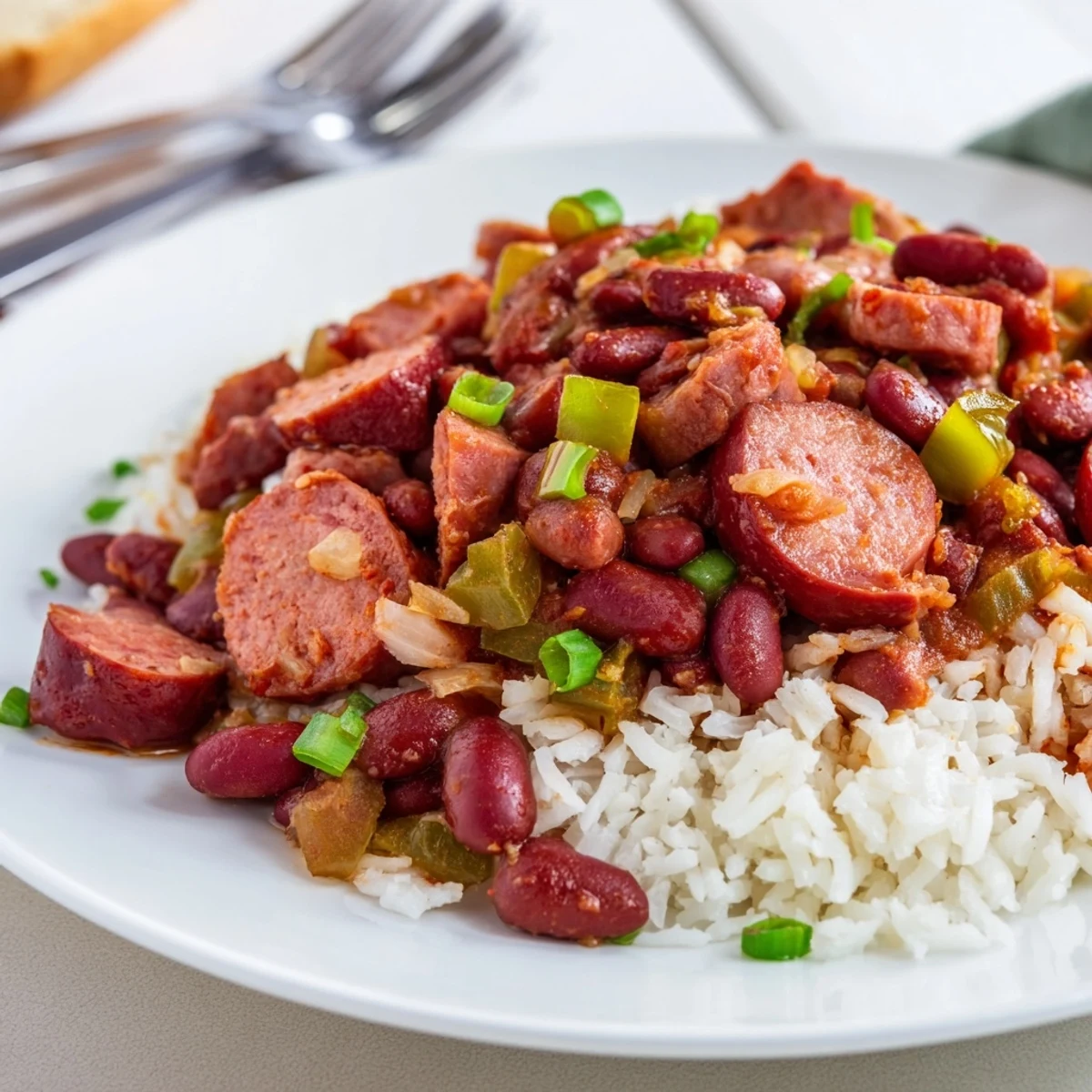 Close-up photo of savory Red Beans & Rice, a gluten-free dish with fresh parsley garnish.