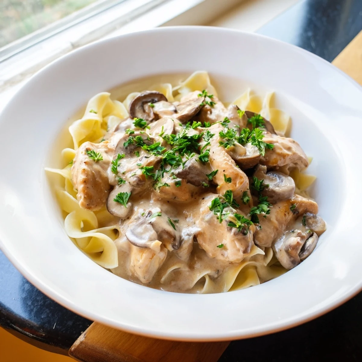 Creamy Chicken Stroganoff over egg noodles, a comforting dinner with a rich mushroom sauce.