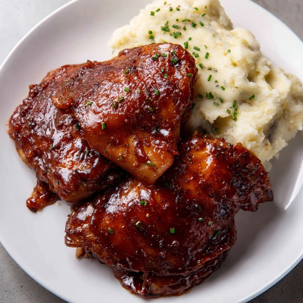 Juicy honey BBQ chicken thighs, glistening with sauce, alongside creamy garlic mashed potatoes.