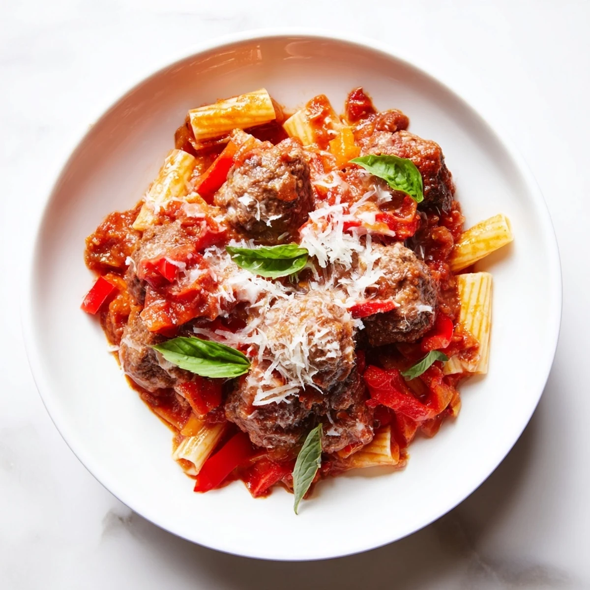 Italian Meatball Pasta Skillet bubbling in a skillet, topped with melted cheese and fresh basil.