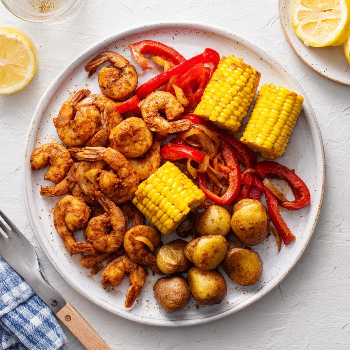 Cajun Shrimp & Sweet Corn Platter: Spicy shrimp nestled amongst golden corn and potatoes.