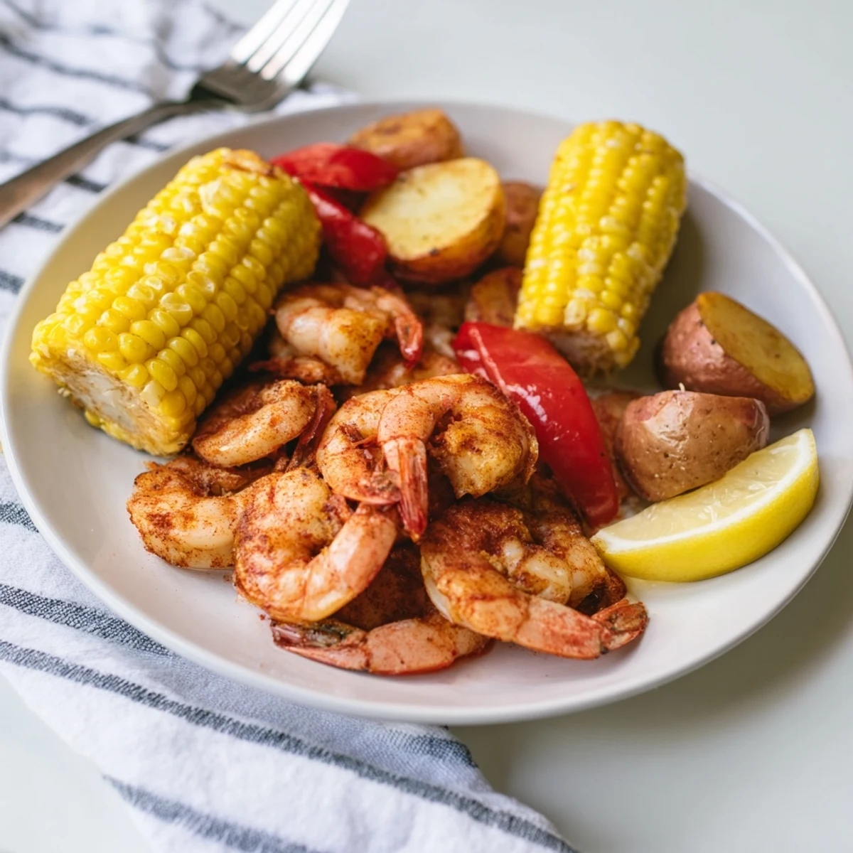 Deliciously seasoned Cajun Shrimp & Sweet Corn Platter, served with a vibrant garnish of parsley.