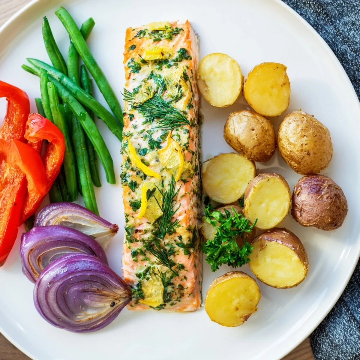 Sizzling Lemon Herb Salmon & Potato Sheet Pan featuring tender salmon, potatoes, and colorful veggies.
