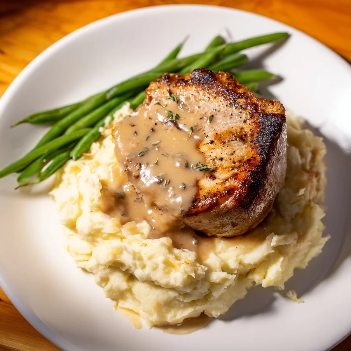 Tender pork chops sit above fluffy cheddar mashed potatoes in this comforting Pork Chops & Cheddar Mash Bowl.