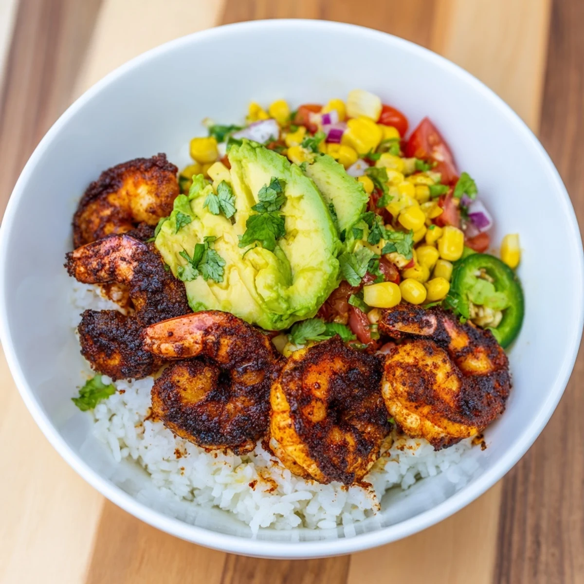 Perfectly cooked blackened shrimp atop rice, crowned with a fresh and creamy avocado corn salsa bowl.