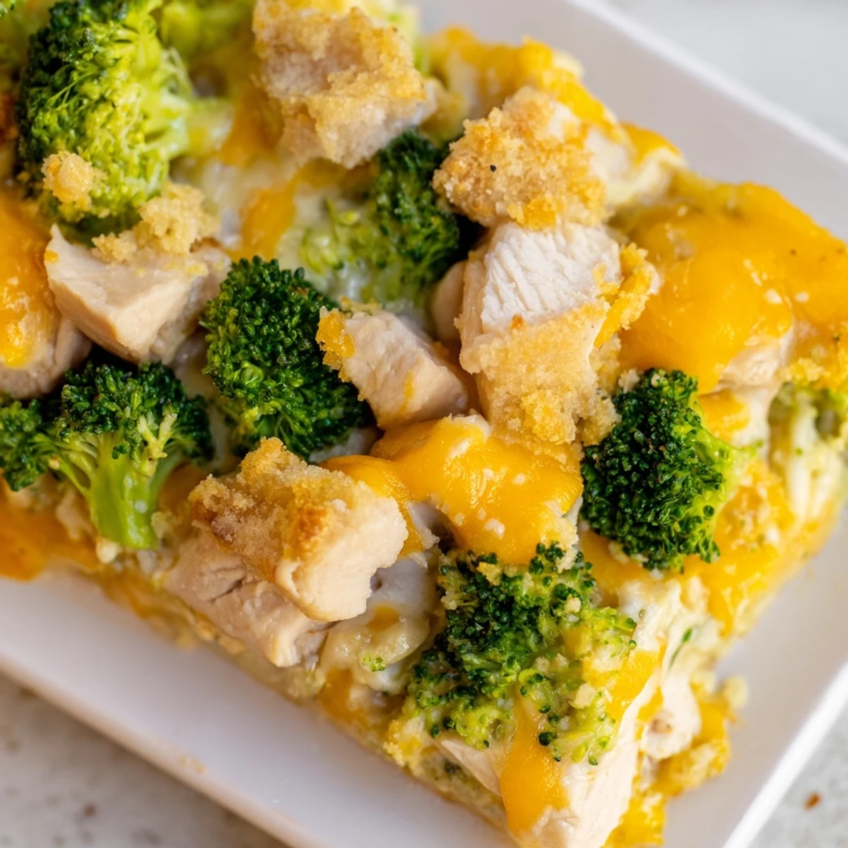 A bubbly, golden Chicken & Broccoli Cheddar Bake, ready to serve with a cheesy aroma.