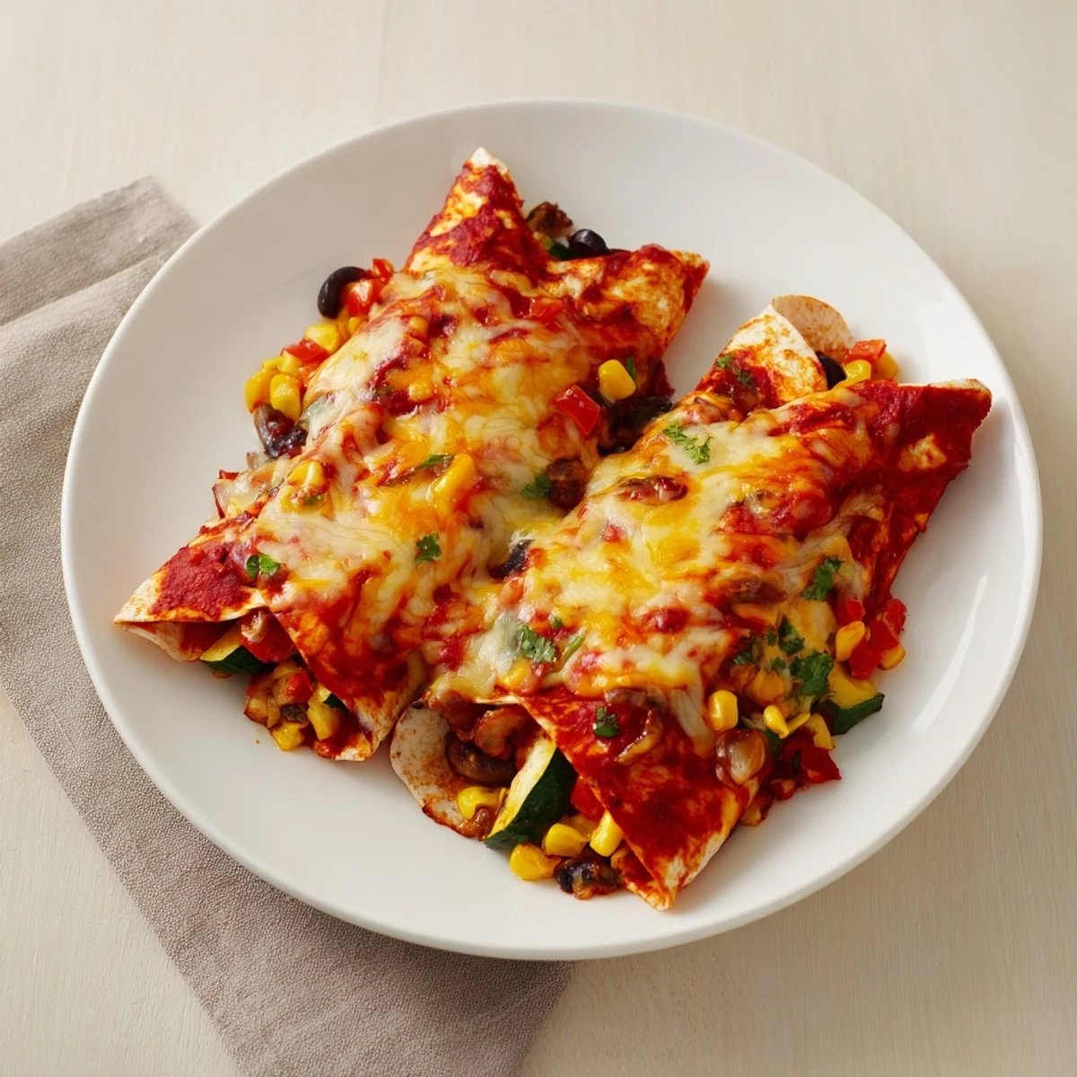 Farmers Market Vegetarian Enchiladas bubbling with cheese, vegetables, and a vibrant, homemade sauce.