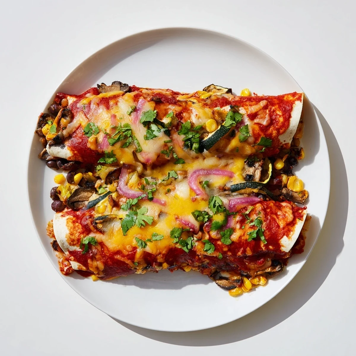 Tangy red sauce covers these delicious Farmers Market Vegetarian Enchiladas, packed with colorful, roasted vegetables.