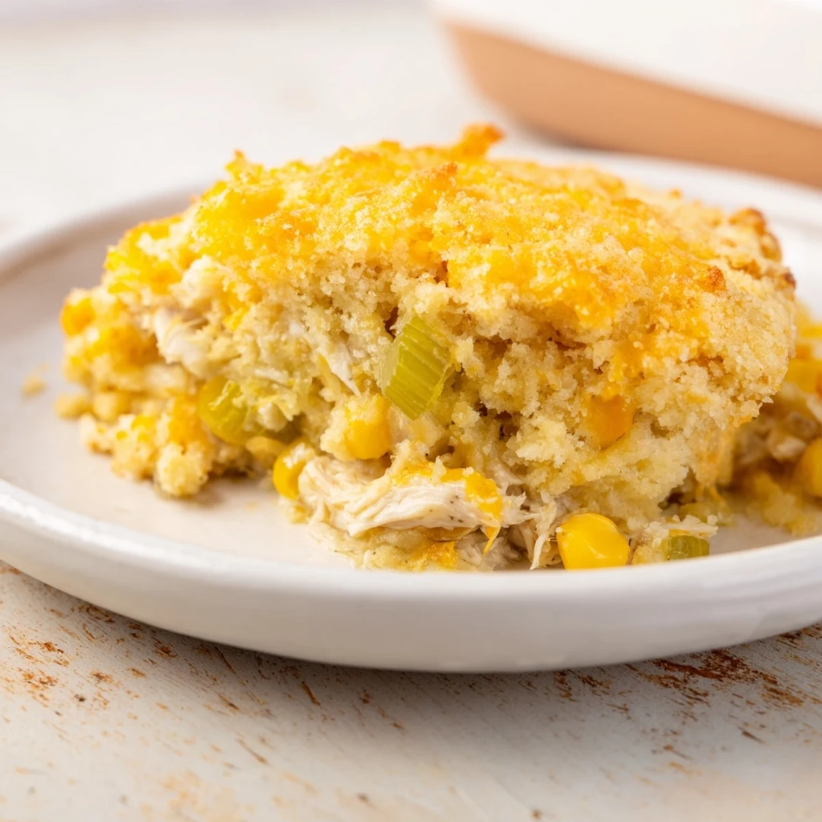 A warm, golden Southern Cornbread Chicken Casserole, a delightful comfort food meal awaiting every bite.