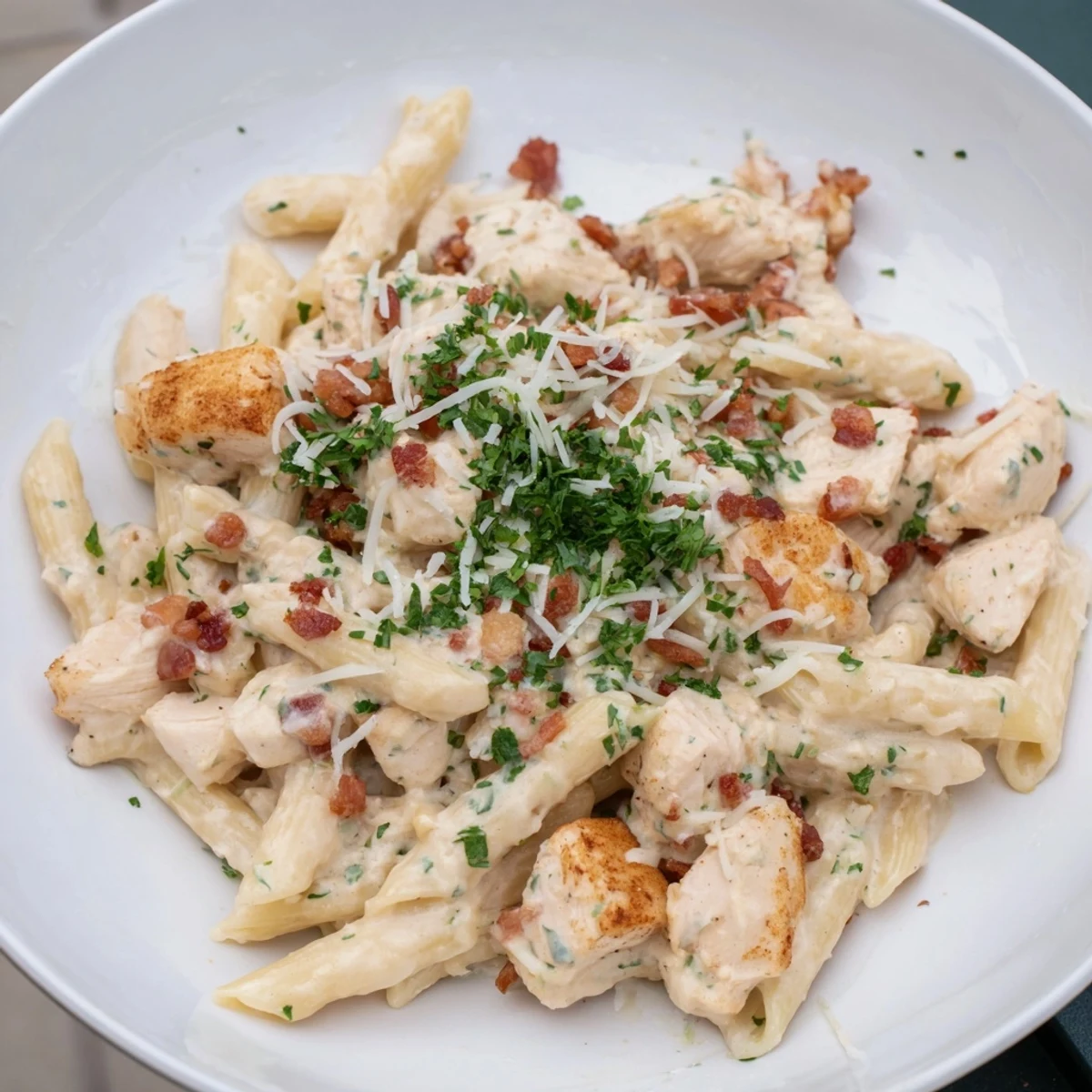 Rich, creamy Ranch Chicken & Bacon Penne, with visible crispy bacon and perfectly cooked pasta, ready to eat.