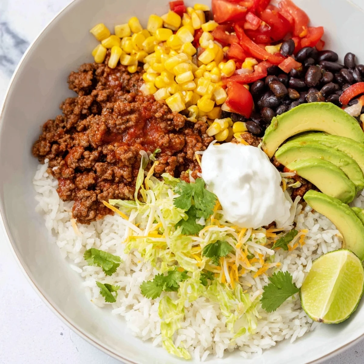 A delicious loaded beef burrito bowl brimming with colorful toppings, ready to enjoy.