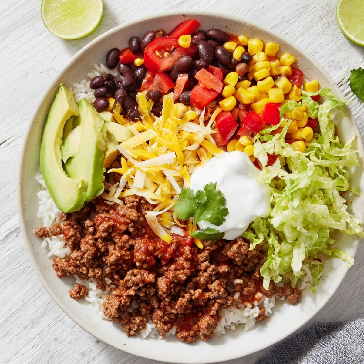 This image shows a beautifully arranged loaded beef burrito bowl, a filling and flavorful meal.
