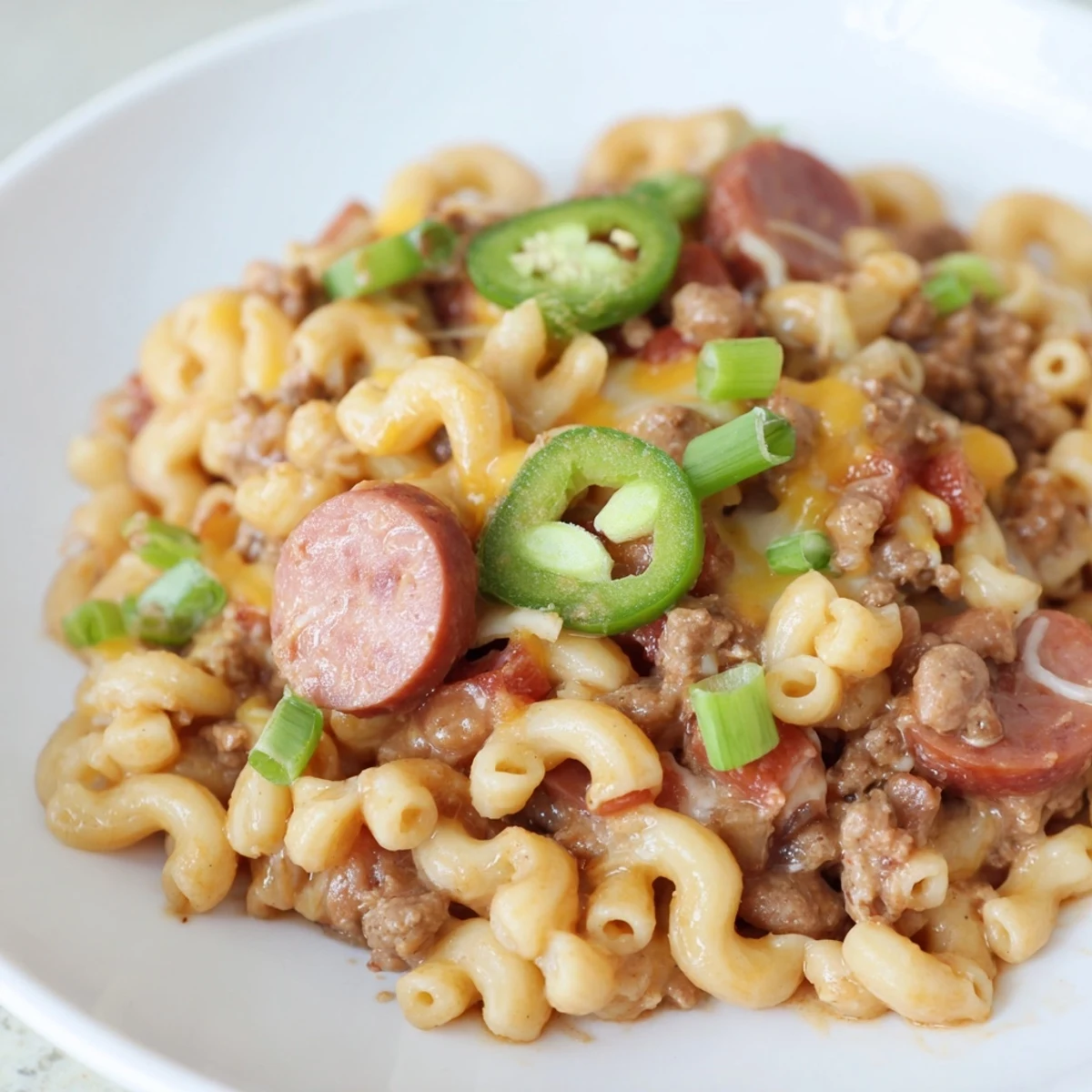 A bubbly dish of Chili Cheese Dog Mac & Cheese, with a golden, cheesy crust on top.