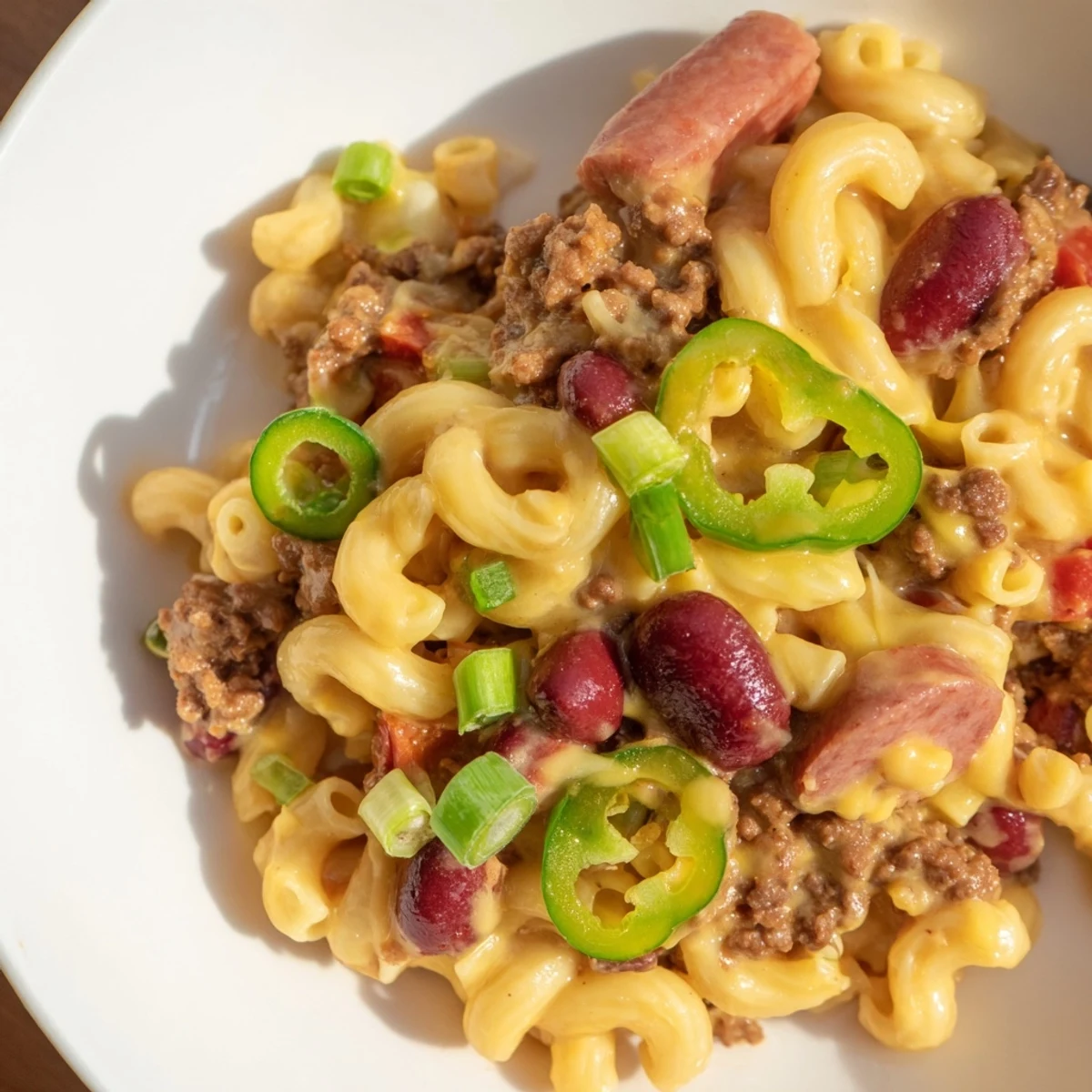 Rich and creamy Chili Cheese Dog Mac & Cheese, featuring visible bits of hot dogs in the chili.