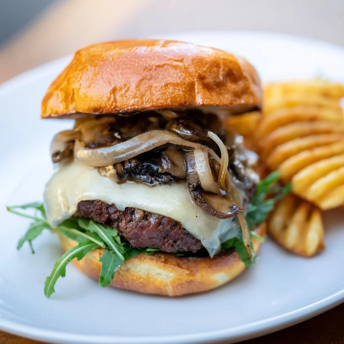 A close-up of a juicy Mushroom Swiss Burger with melted cheese, next to crispy waffle fries.